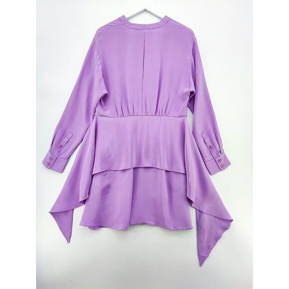 Tibi Chalky Drape Long Sleeve Purple Midi Wrap Silk Dress US 4 - Picture 2 of 14